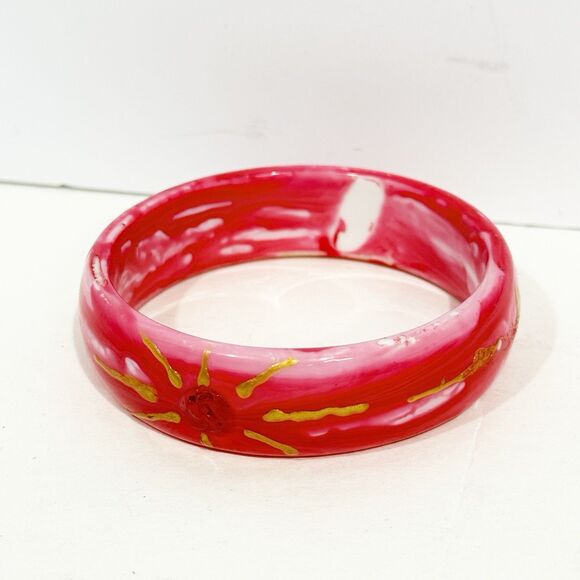 Pink Swirl Resin Bangle Bracelet Gold Hand Painted Sun Design Retro Boho Style - Picture 11 of 14